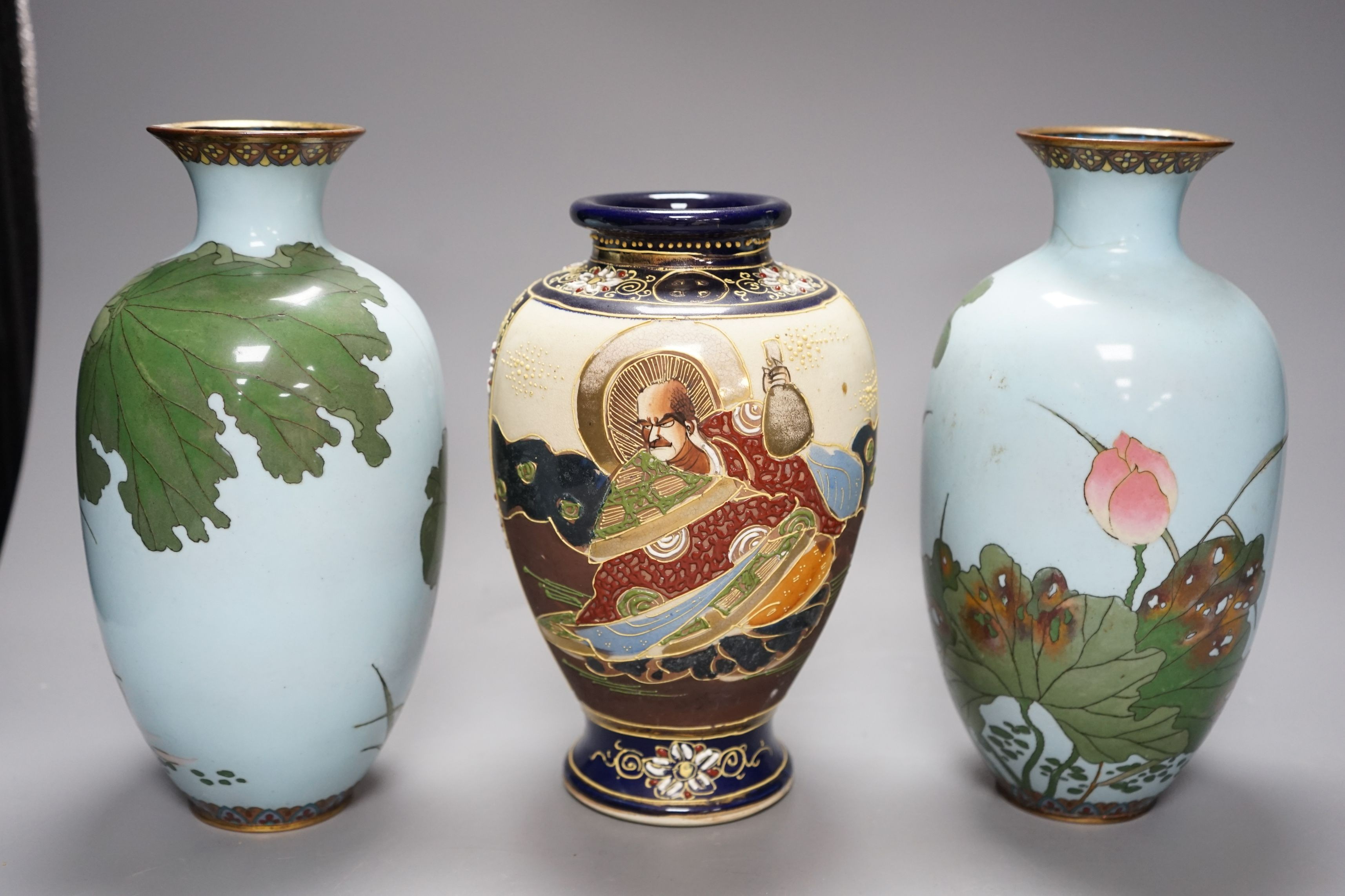 A pair of Japanese cloisonné enamel vases and a Satsuma vase (3), cloisonné vases 24cms high